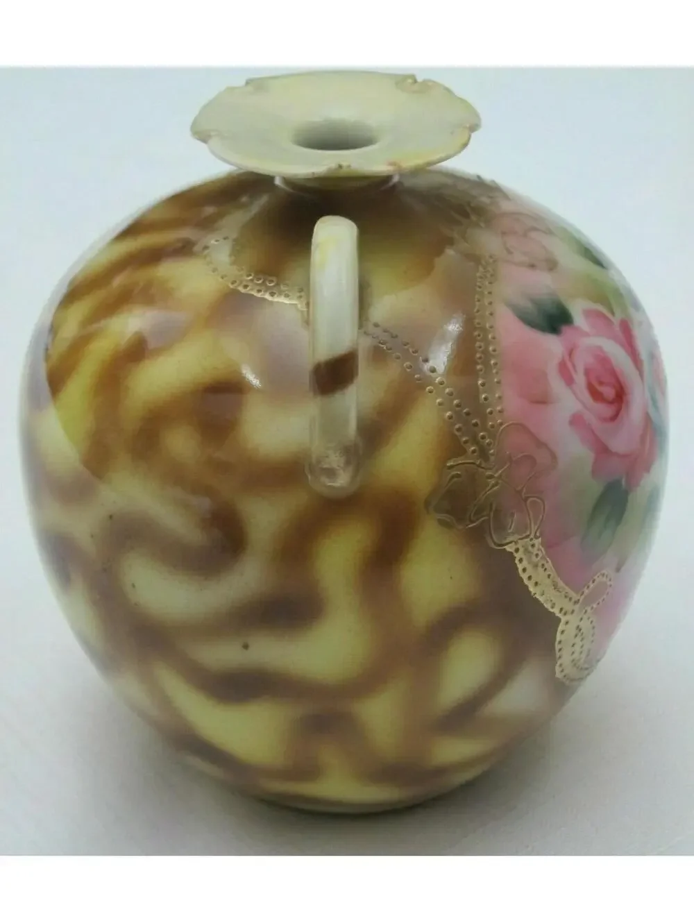 Vintage Nippon Round Vase w/ Handles, Hand Painted Roses Floral Gold Gilded Bead